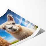 Lively wall art print featuring a colorful illustration of a llama and an alpaca in a whimsical design, ideal for animal lovers and home decor enthusiasts. This rolled print showcases vibrant colors and intricate details, perfect for adding a playful touch to any space.