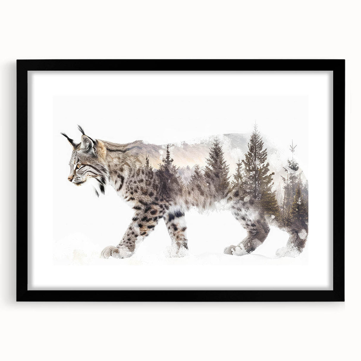 Lynx wall art design framed with a black mat, showcasing a striking depiction of wildlife in a modern style, perfect for nature enthusiasts' decor.