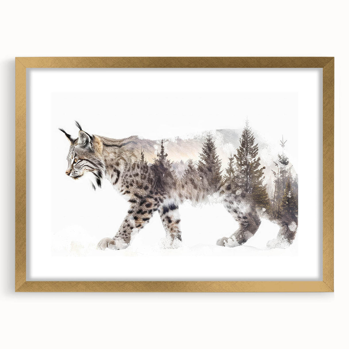 Lynx wall art collection featuring a beautifully designed lynx in natural colors, framed with a gold mat, perfect for enhancing wildlife-themed decor.