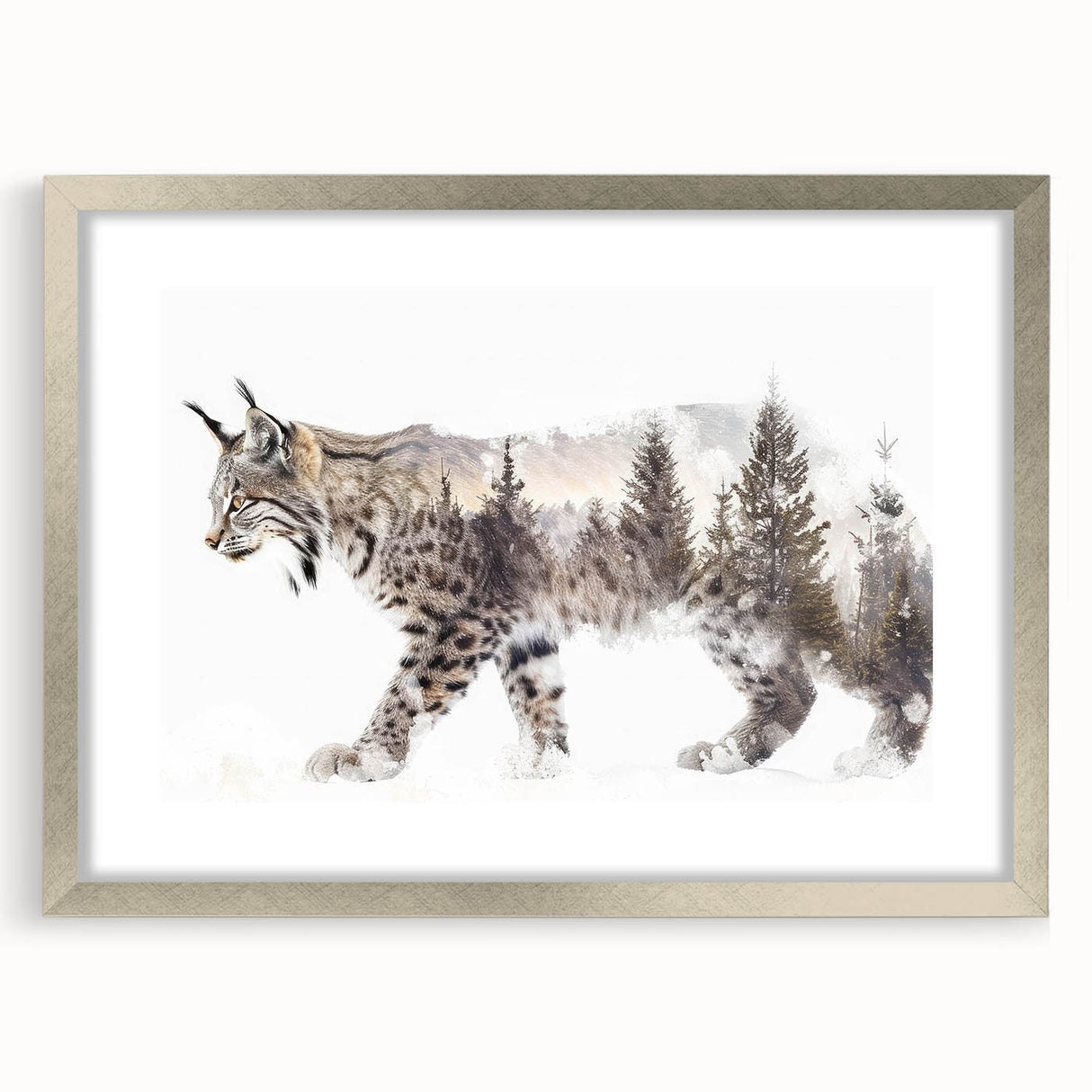 Framed wall art featuring a striking lynx design, elegantly presented with a silver mat and frame, perfect for wildlife enthusiasts and modern decor.
