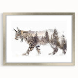 Framed wall art featuring a striking lynx design, elegantly presented with a silver mat and frame, perfect for wildlife enthusiasts and modern decor.