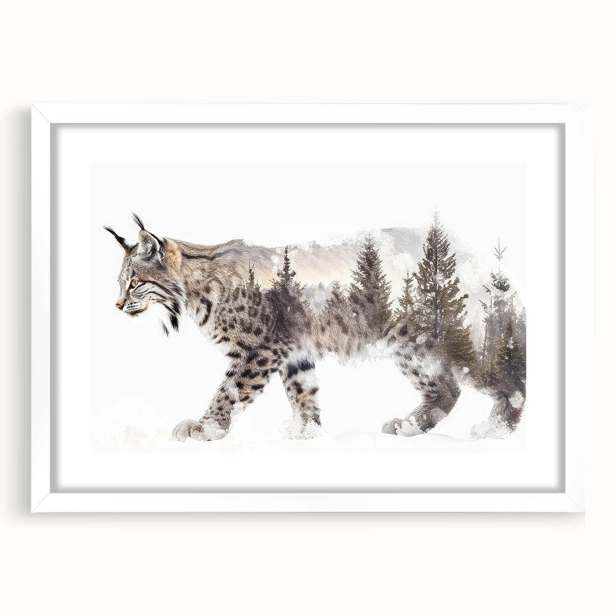 Lynx wall art design framed in white with a mat, showcasing detailed wildlife illustration, perfect for nature-themed home decor.