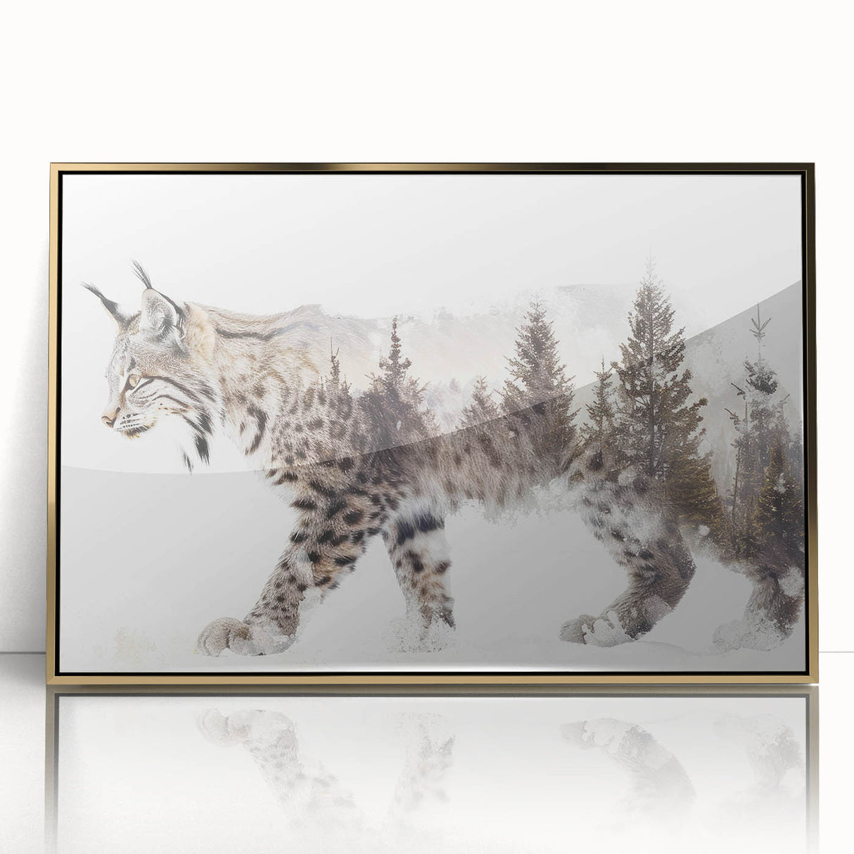 Framed wall art featuring a majestic lynx design with intricate details, set against a gold-accented background, perfect for wildlife enthusiasts and modern decor.