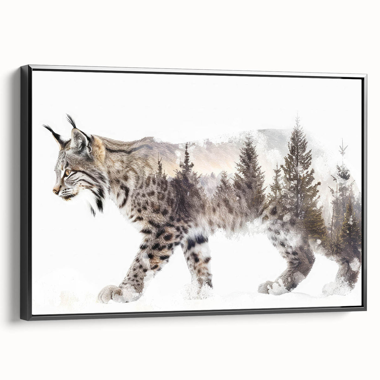 Framed canvas wall art featuring a majestic lynx design in a black frame, showcasing detailed fur textures and vivid colors, ideal for wildlife decor enthusiasts.