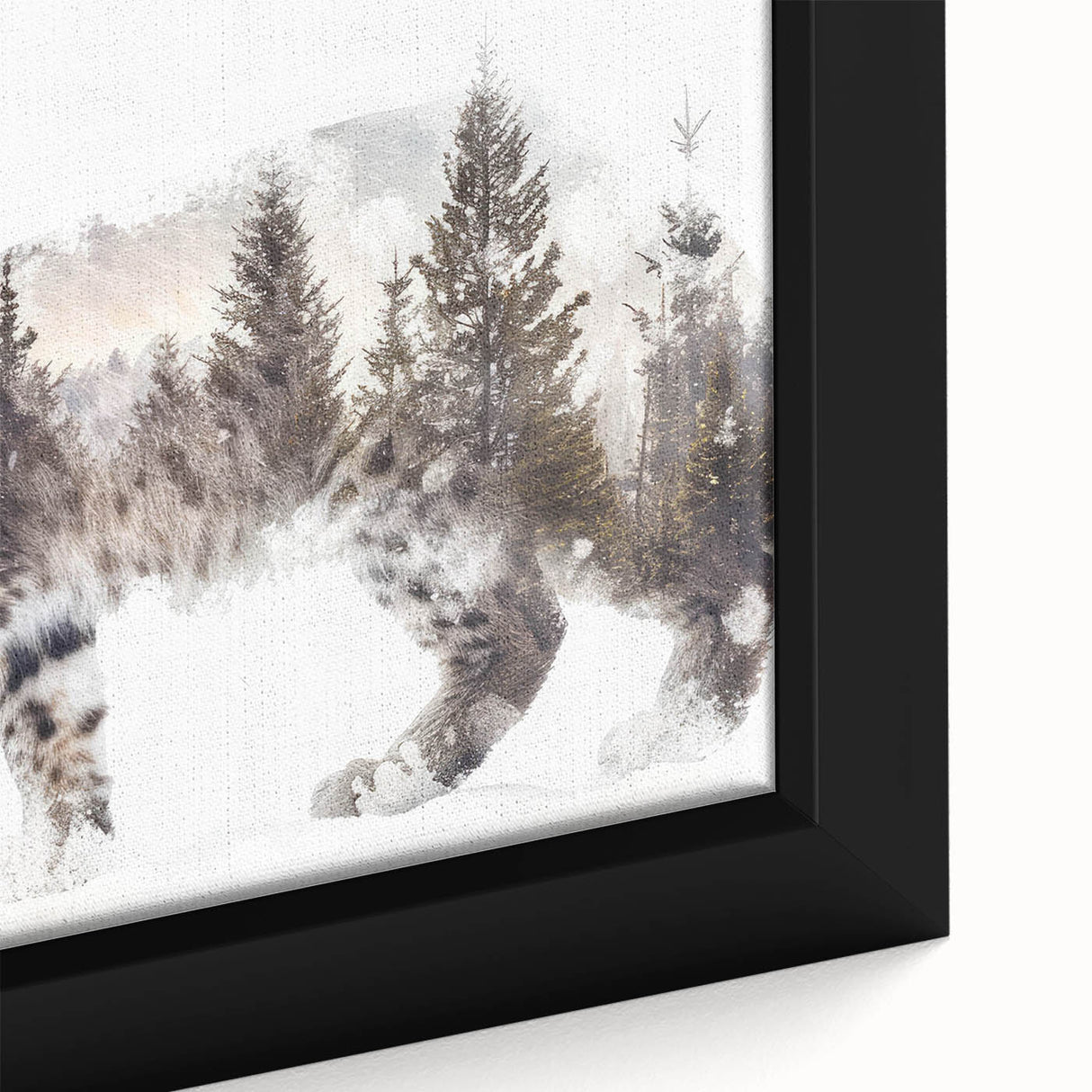 Close-up of a framed wall art piece depicting a lynx in a wild landscape, showcasing intricate details and vibrant colors, perfect for animal lovers’ decor.
