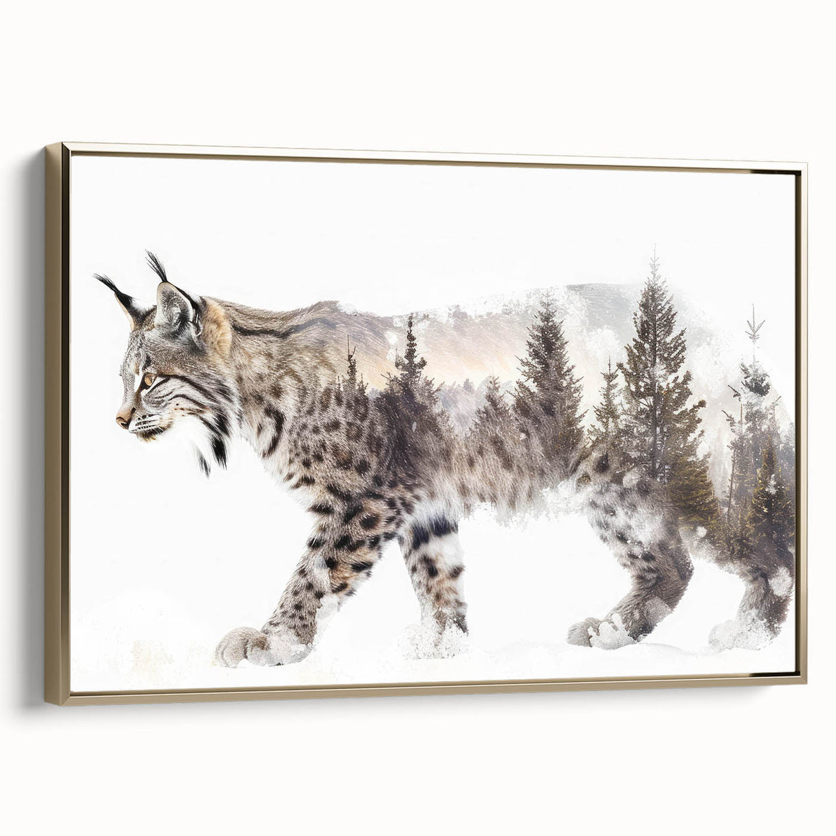 Framed canvas wall art featuring a majestic lynx design in gold, showcasing intricate details and textures, perfect for animal lovers and modern home decor.