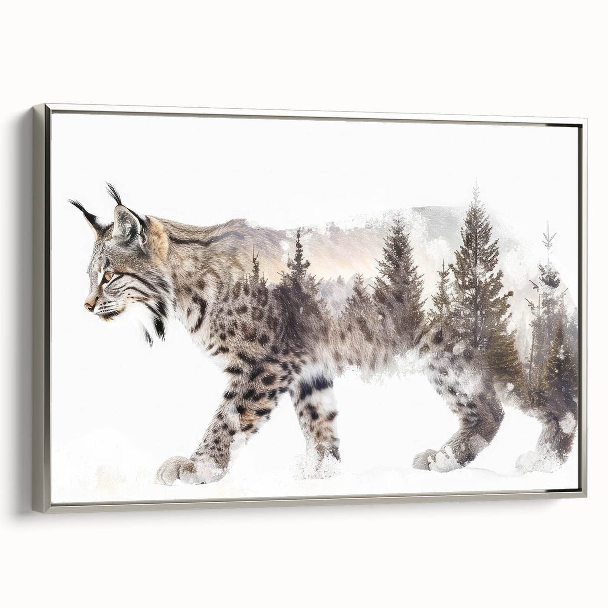 Framed wall art featuring a stylish silver lynx design against a textured background, showcasing wildlife elegance for modern home decor. Perfect for animal lovers.