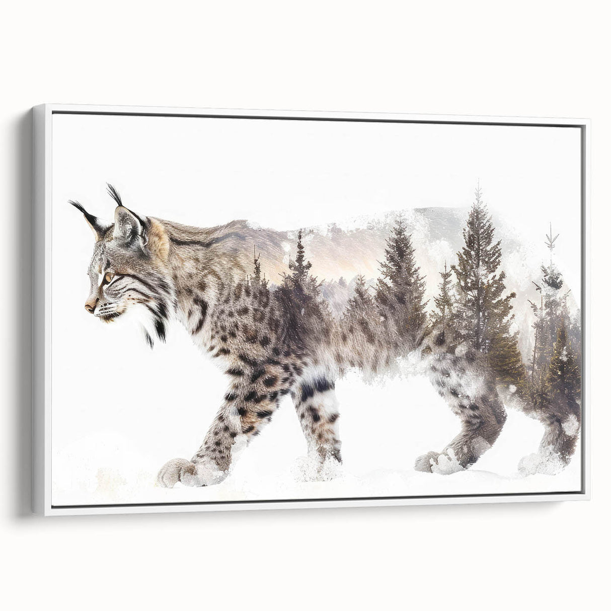 Framed canvas wall art featuring a detailed lynx design in a wild animal theme, set against a white background, showcasing vibrant colors and intricate textures. Ideal for nature enthusiasts and modern decor.