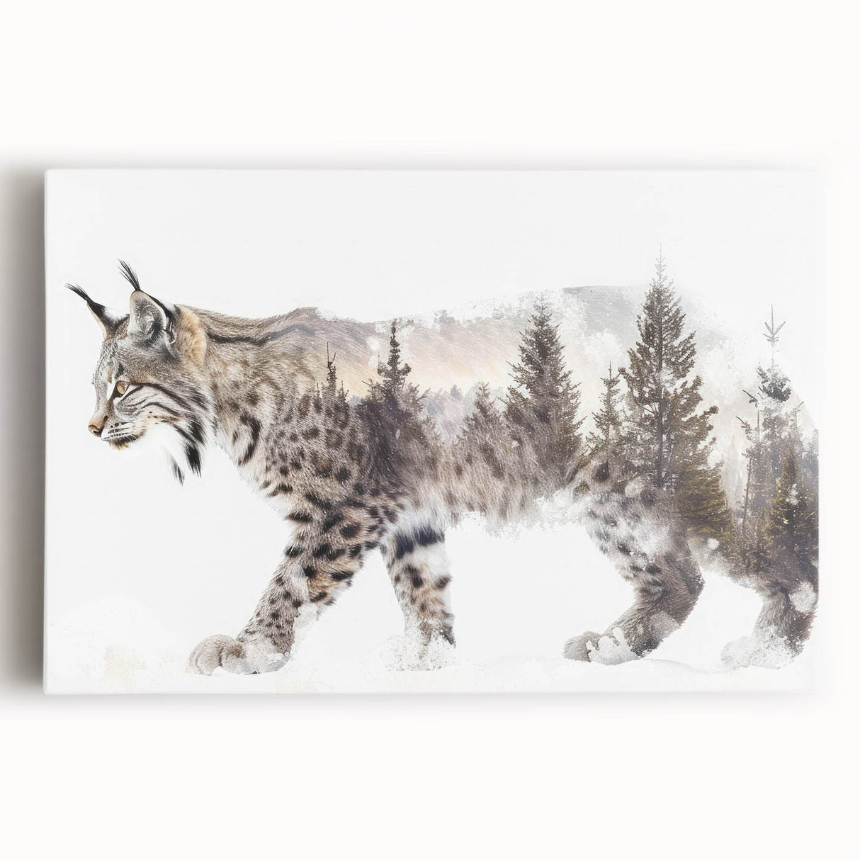 Lynx wall art design on stretched canvas, showcasing a detailed front view with vibrant colors set against a neutral background, perfect for nature-themed decor.