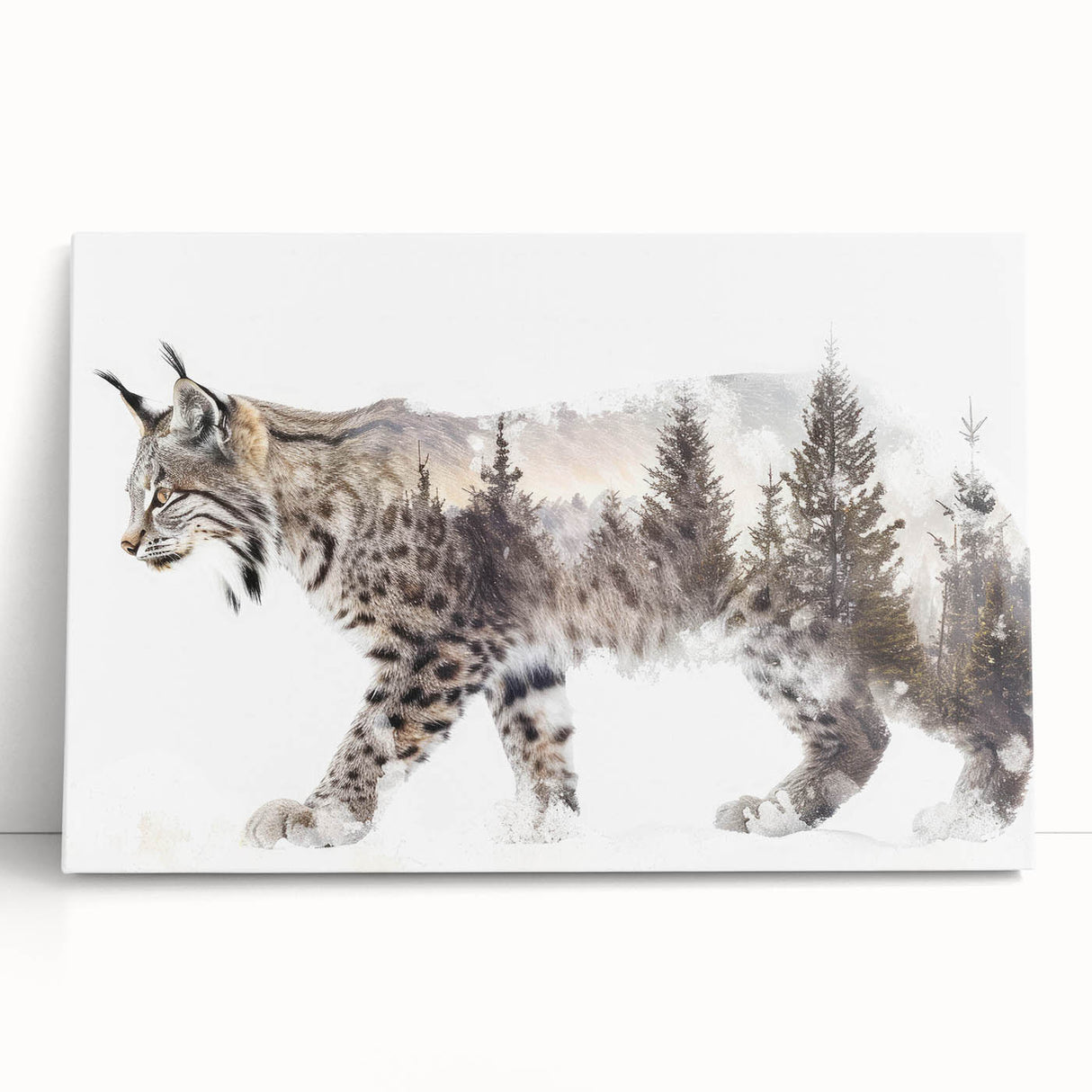 Lynx wall art design on stretched canvas, showcasing intricate details of the wild feline, ideal for nature enthusiasts and home decor. Elegant and vibrant, perfect for adding a touch of wildlife to any space.