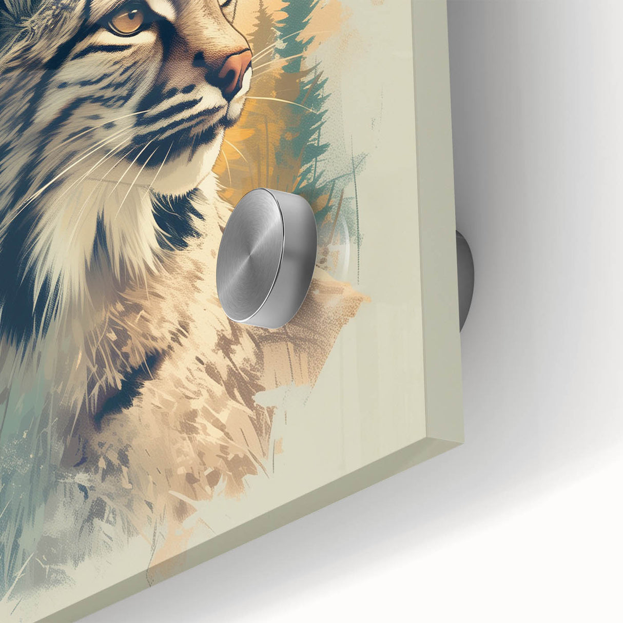 Close-up of a vibrant lynx wall art design on acrylic glass, showcasing intricate details and bold colors, perfect for animal lovers and modern decor enthusiasts.