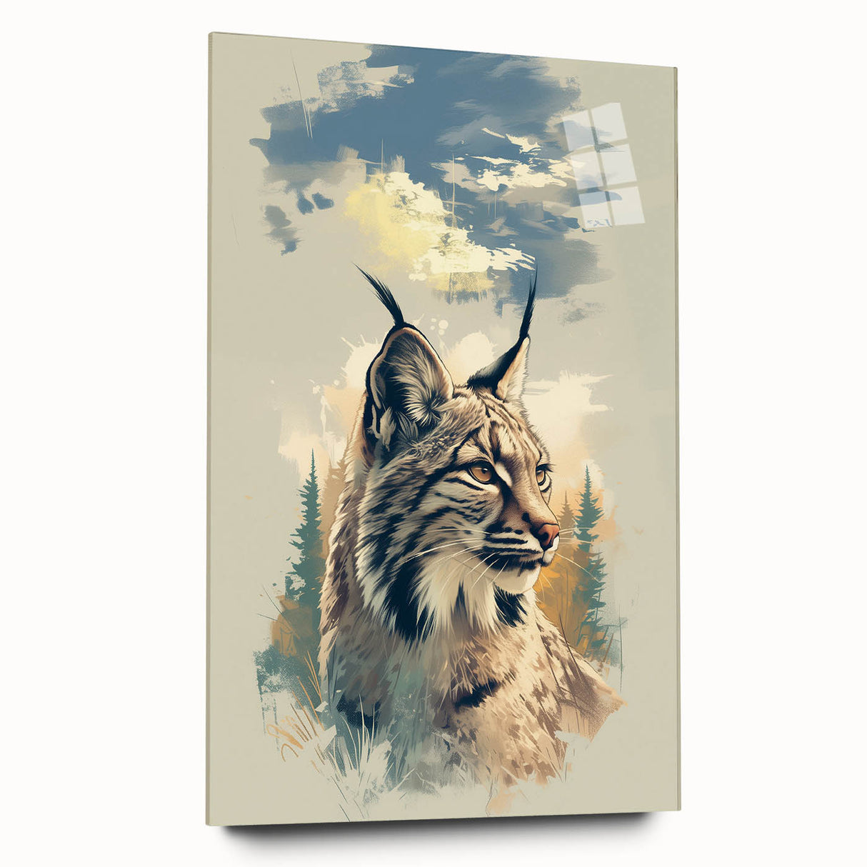 Lynx wall art design displayed on acrylic glass, showcasing vibrant colors and intricate details, perfect for enhancing modern home decor with a wildlife theme.