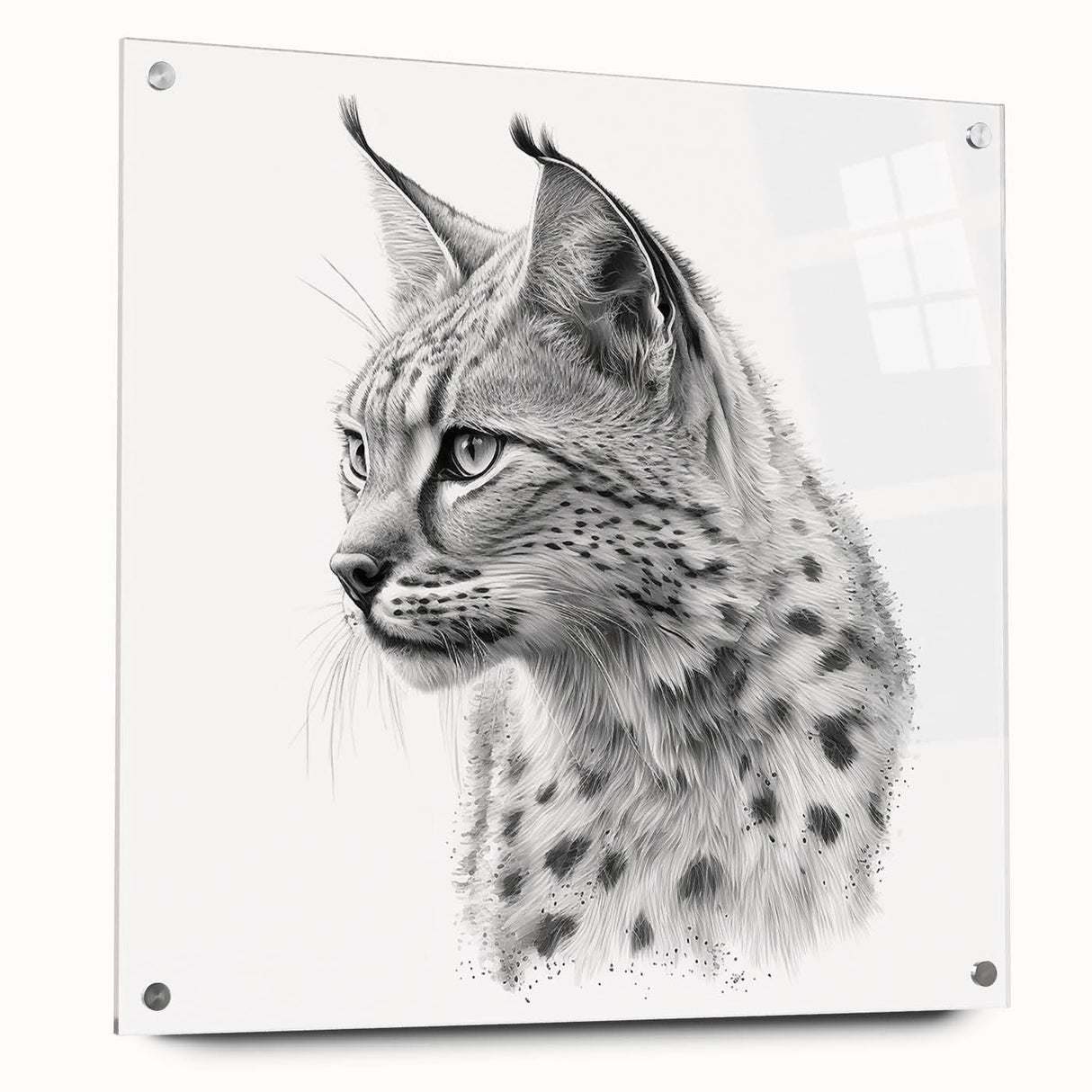 Lynx-themed wall art collection displayed in acrylic glass, showcasing a side view with polished edges and mounting pins, perfect for wildlife decor enthusiasts.