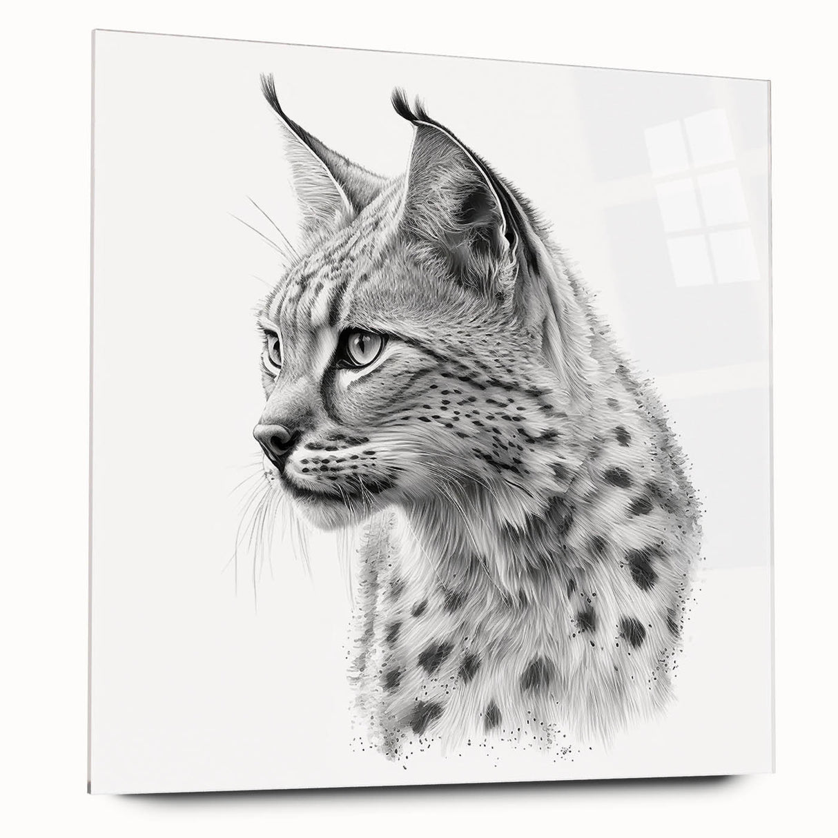Lynx wall art design displayed in a sleek acrylic glass frame, showcasing vivid colors and intricate details, perfect for wildlife enthusiasts' home decor.