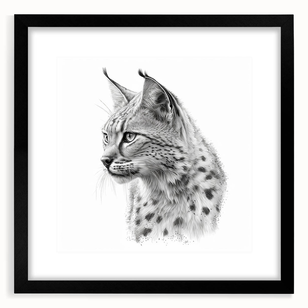 Lynx wall art print in a sleek black frame, showcasing a stunning wildlife design with a mat, ideal for animal lovers and modern decor enthusiasts.