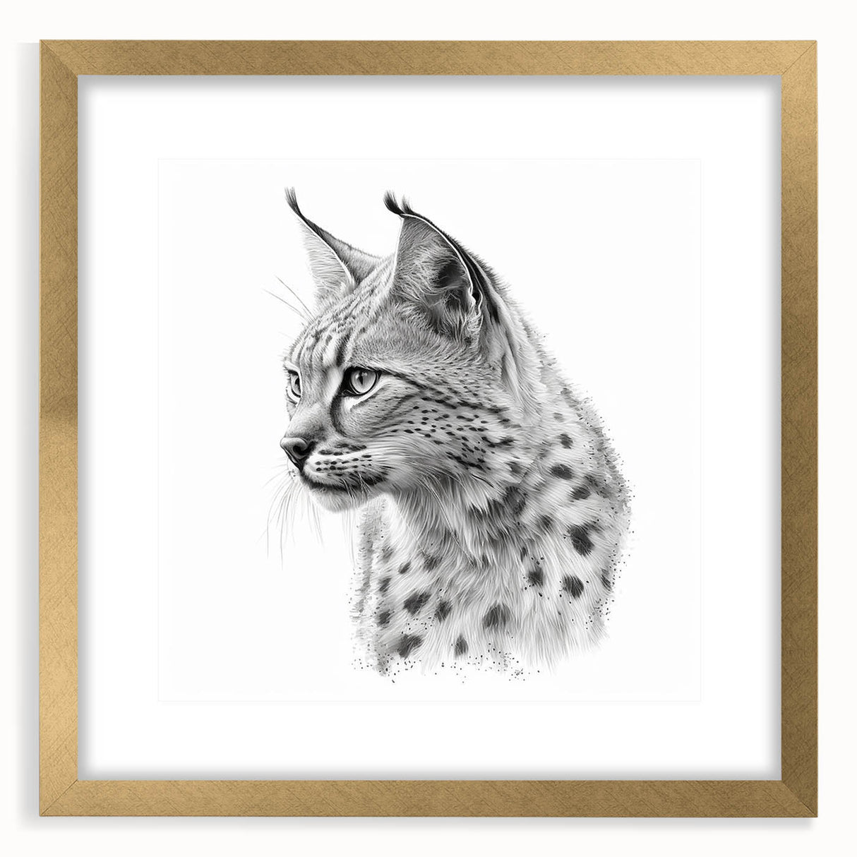 Lynx wall art framed in gold, showcasing a detailed wildlife design with a mat finish, perfect for nature-themed decor or animal lovers.