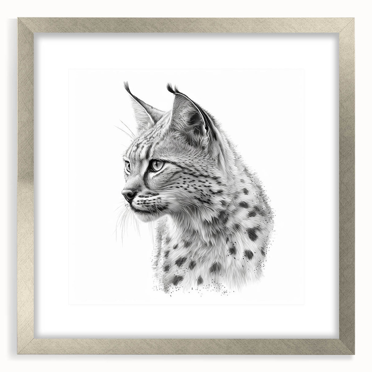 Framed wall art collection featuring a stunning lynx design, elegantly displayed with a silver mat, perfect for enhancing wildlife-themed decor.