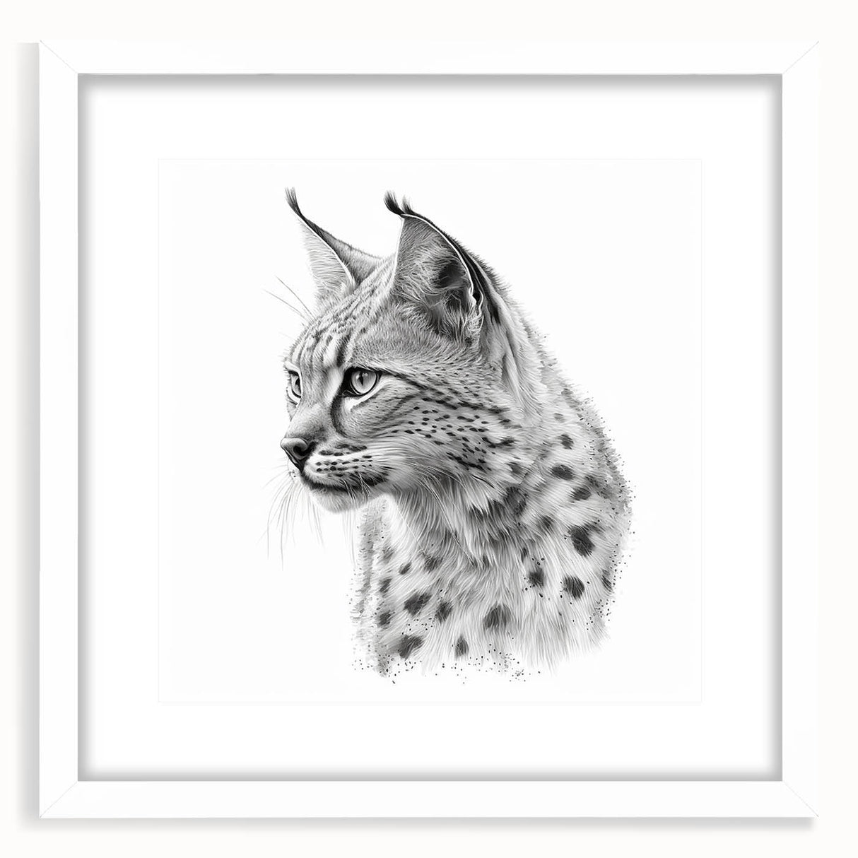 Lynx wall art collection framed with a white mat, showcasing a beautifully detailed wildlife design perfect for nature-themed decor in homes or offices.