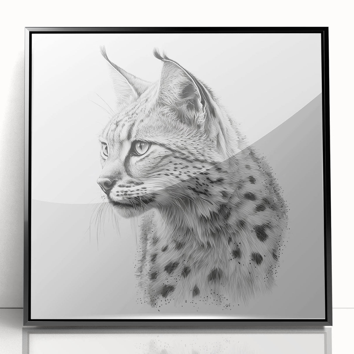 Framed acrylic wall art featuring a striking lynx design with black accents, showcasing the beauty of wildlife in a contemporary style, perfect for home decor.