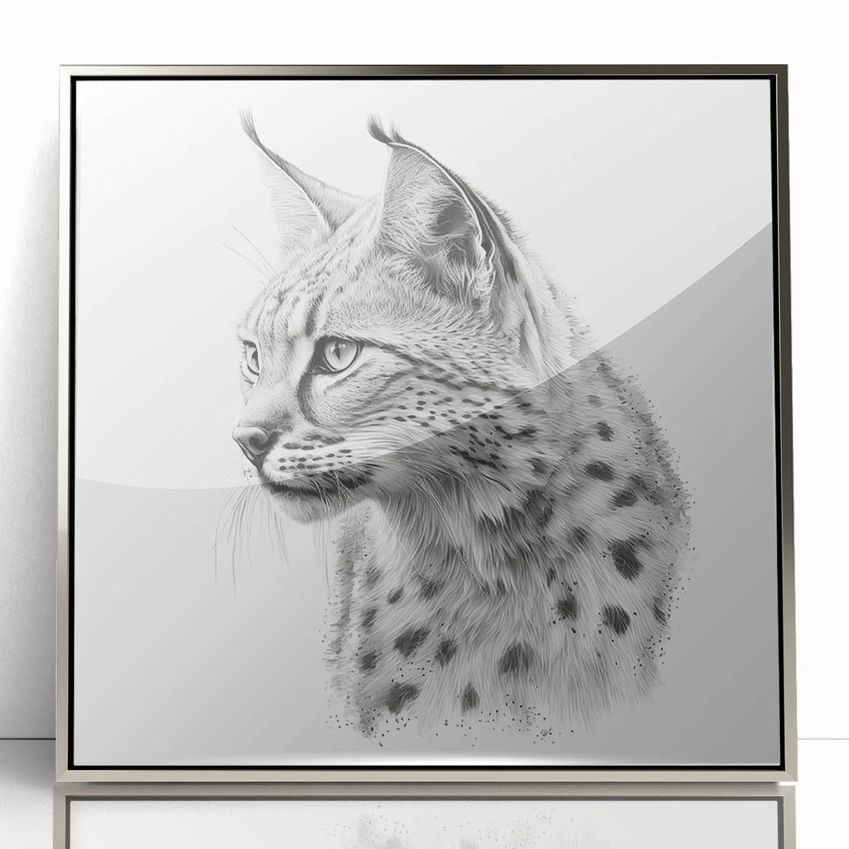 Framed wall art featuring a striking lynx design in a silver acrylic frame, perfect for wildlife enthusiasts, showcasing intricate details and vibrant colors.