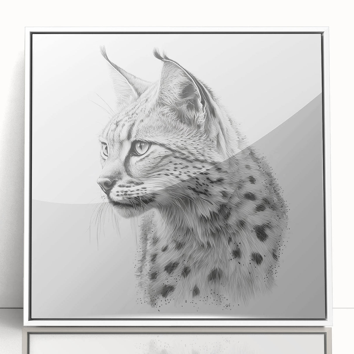 Framed wall art featuring a detailed lynx design, showcasing vibrant colors and a sleek white frame, ideal for enhancing modern decor and wildlife-themed interiors.