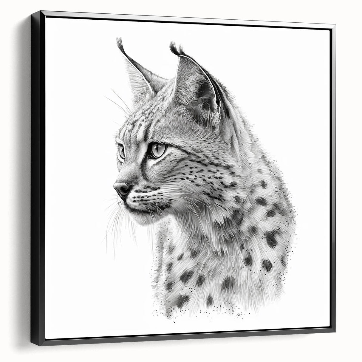 Framed wall art featuring a detailed lynx design in vibrant colors, showcasing the animal's striking facial features against a sleek black background, ideal for wildlife enthusiasts.