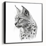 Framed wall art featuring a detailed lynx design in vibrant colors, showcasing the animal's striking facial features against a sleek black background, ideal for wildlife enthusiasts.