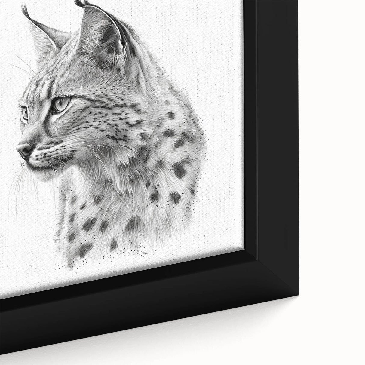 Close-up of a framed canvas wall art featuring a striking lynx design, showcasing detailed fur textures and vibrant colors, ideal for wildlife enthusiasts' decor.