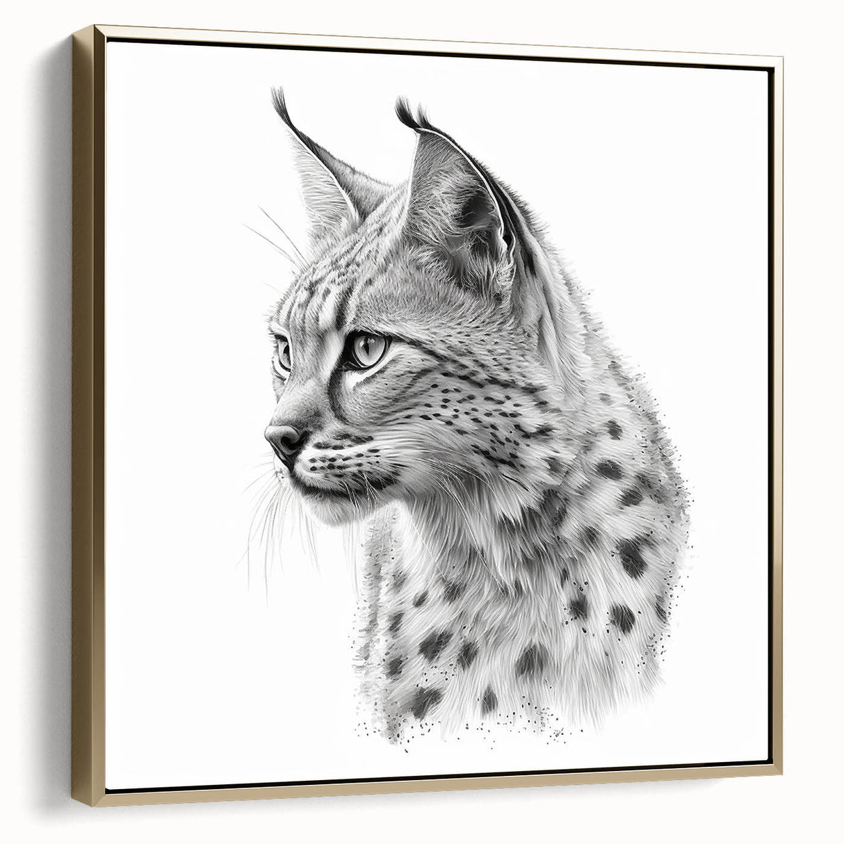 Framed canvas wall art showcasing a stunning lynx design in gold tones, perfect for adding a touch of wildlife elegance to home decor, viewed from the side.