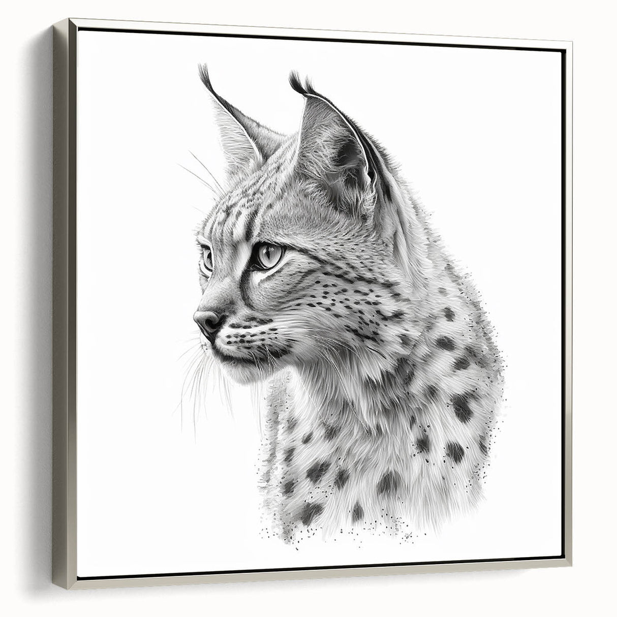 Framed canvas wall art showcasing a stunning side view of a lynx in a natural setting, featuring intricate details and a silver frame, perfect for animal lovers and home decor enthusiasts.