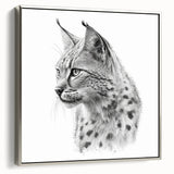 Framed canvas wall art showcasing a stunning side view of a lynx in a natural setting, featuring intricate details and a silver frame, perfect for animal lovers and home decor enthusiasts.
