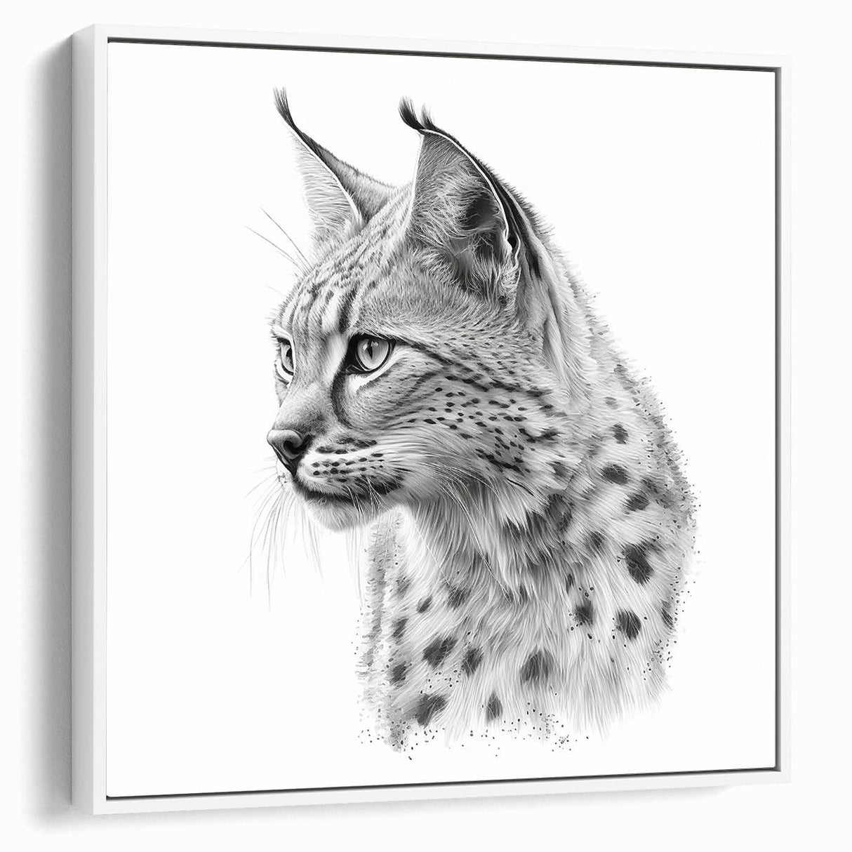 Framed canvas wall art showcasing a lynx design from the 'Animals a Wild Life' collection, featuring a white background and side view perspective, perfect for nature lovers' decor.
