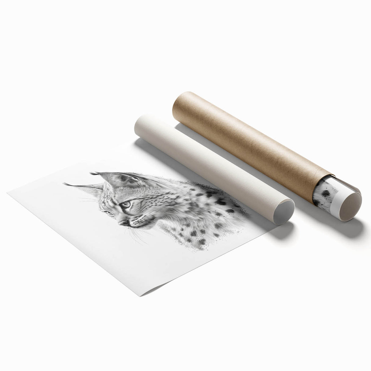 Lynx wall art print showcasing a stunning wildlife design, featuring intricate details and vibrant colors, rolled and ready for framing or display. Perfect for nature enthusiasts and modern decor.