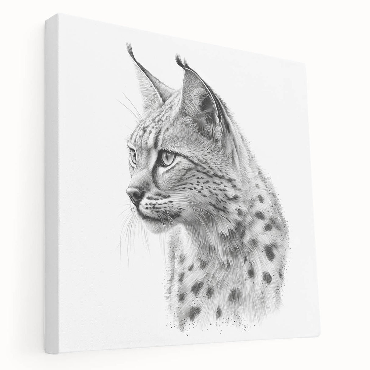 Lynx design wall art on stretched canvas, showcasing a side view of a majestic lynx in a natural habitat, perfect for animal lovers and home decor enthusiasts.