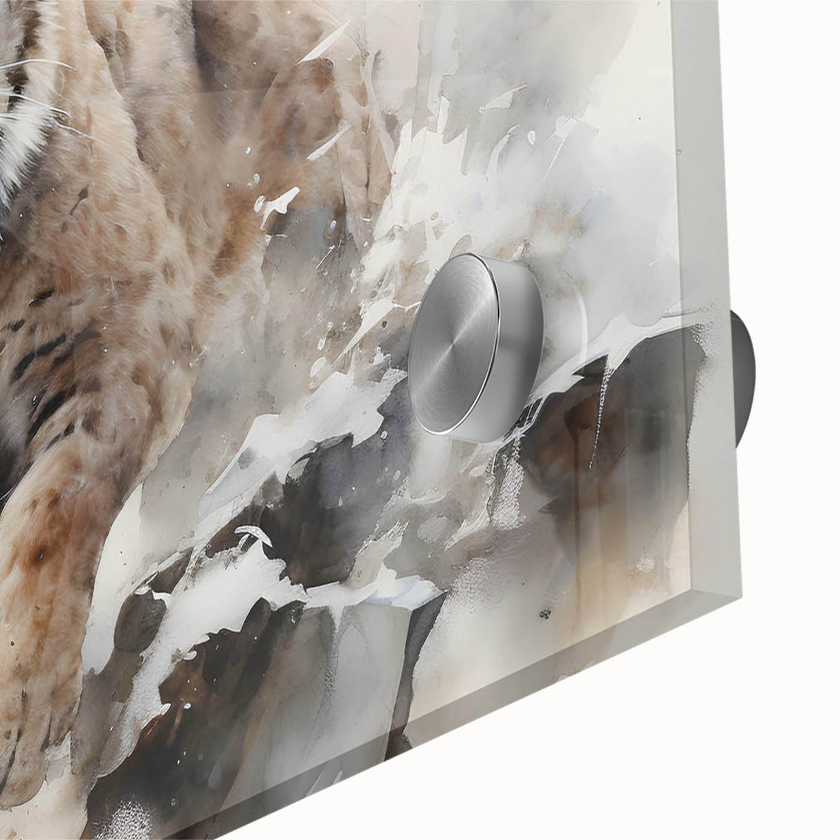 Close-up of a vibrant lynx wall art design, showcasing intricate details and colors on acrylic glass, perfect for wildlife enthusiasts and modern decor.