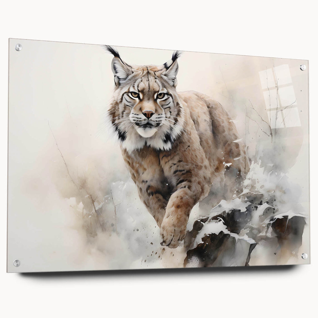 Lynx wall art design displayed in a side view, featuring vibrant colors and intricate details, framed in acrylic glass with decorative pins, ideal for wildlife-themed decor.