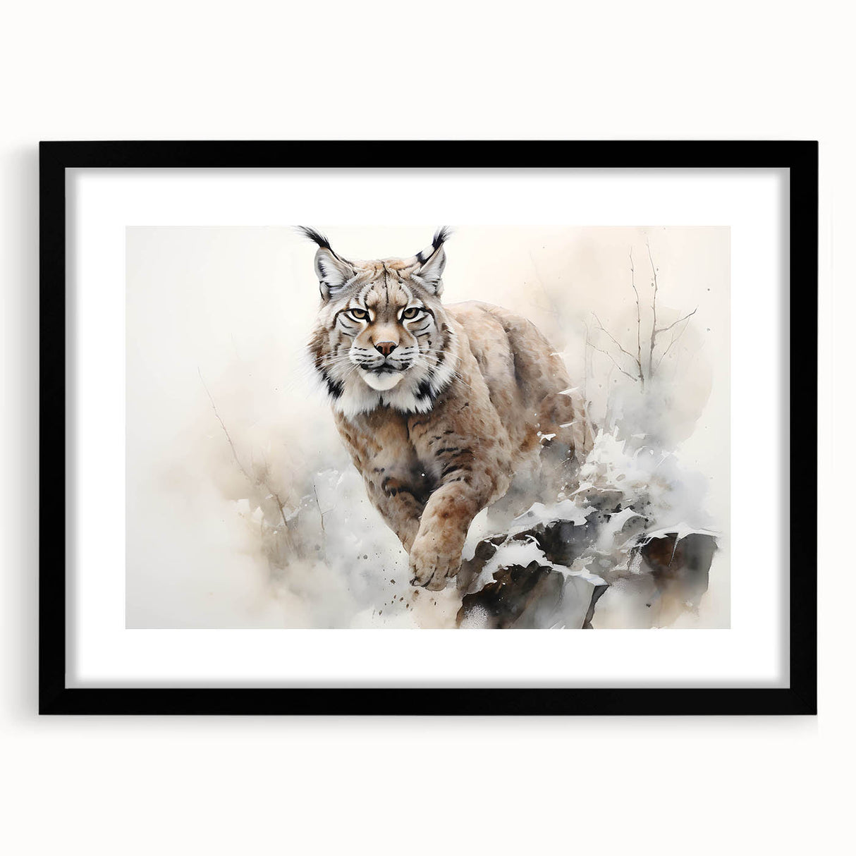 Lynx-themed wall art featuring a striking black frame and mat, showcasing a majestic lynx in a natural setting, perfect for wildlife enthusiasts and home decor.