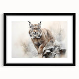 Lynx-themed wall art featuring a striking black frame and mat, showcasing a majestic lynx in a natural setting, perfect for wildlife enthusiasts and home decor.
