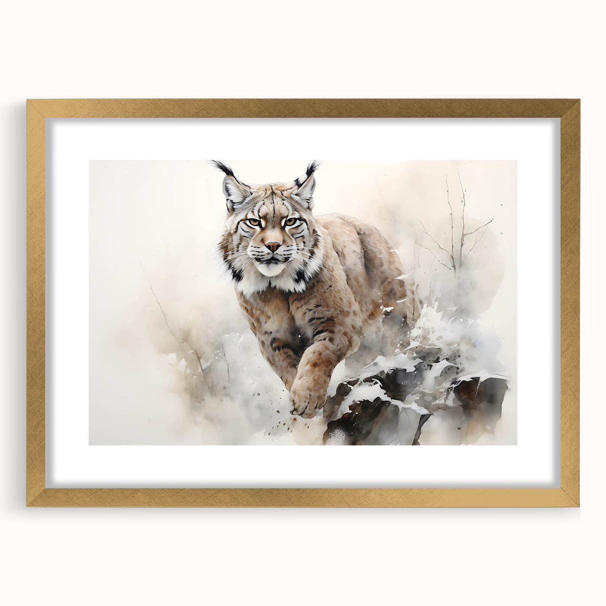 Lynx wall art collection framed in gold with a mat background, showcasing a detailed wildlife design ideal for nature-themed decor. Perfect for animal lovers.