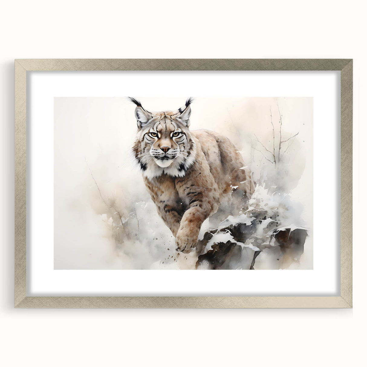 Lynx wall art design in a sleek silver frame with matting, showcasing a detailed wild animal illustration, perfect for nature-themed home decor.