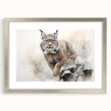 Lynx wall art design in a sleek silver frame with matting, showcasing a detailed wild animal illustration, perfect for nature-themed home decor.