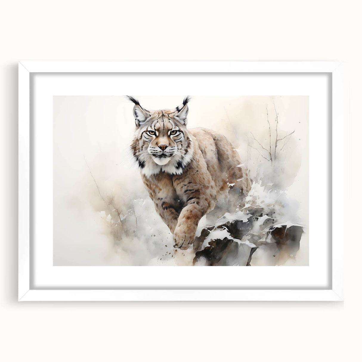 Wall art featuring a striking lynx design, framed with a white mat, showcasing intricate details and vibrant colors, perfect for wildlife enthusiasts and home decor.