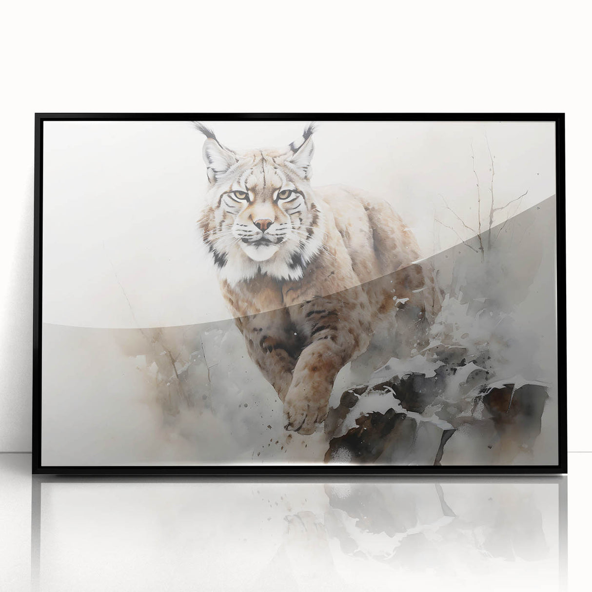 Framed acrylic wall art featuring a striking lynx design, showcasing detailed fur textures and vivid colors, perfect for animal lovers and modern decor.