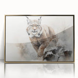 Framed wall art featuring a majestic lynx design, highlighted with gold accents, showcasing intricate details and a vibrant color palette, perfect for animal lovers.