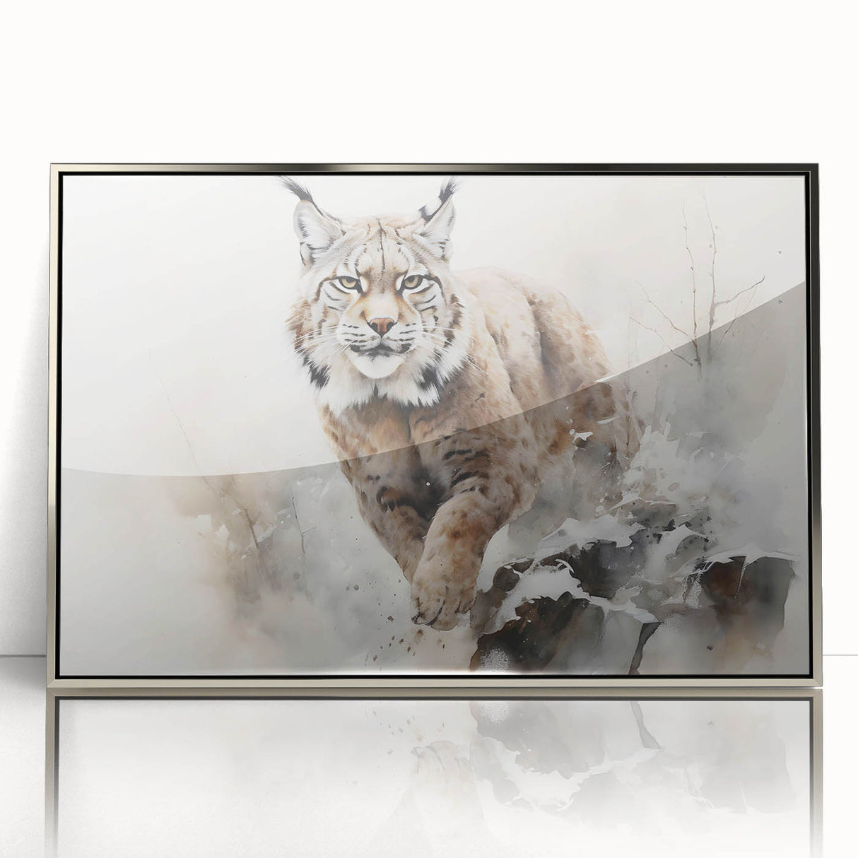 Framed wall art featuring a majestic lynx design, showcasing detailed fur texture and vibrant colors, presented in a sleek silver frame for modern decor.