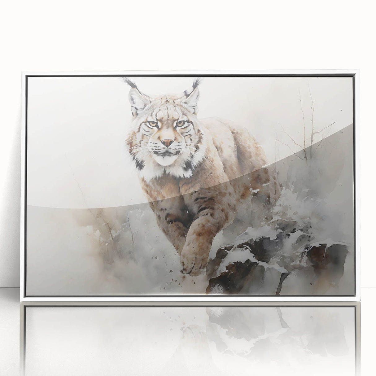 Framed wall art showcasing a detailed lynx design, featuring vibrant colors on acrylic with a sleek white frame, perfect for wildlife enthusiasts' decor.