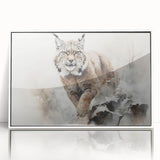 Framed wall art showcasing a detailed lynx design, featuring vibrant colors on acrylic with a sleek white frame, perfect for wildlife enthusiasts' decor.