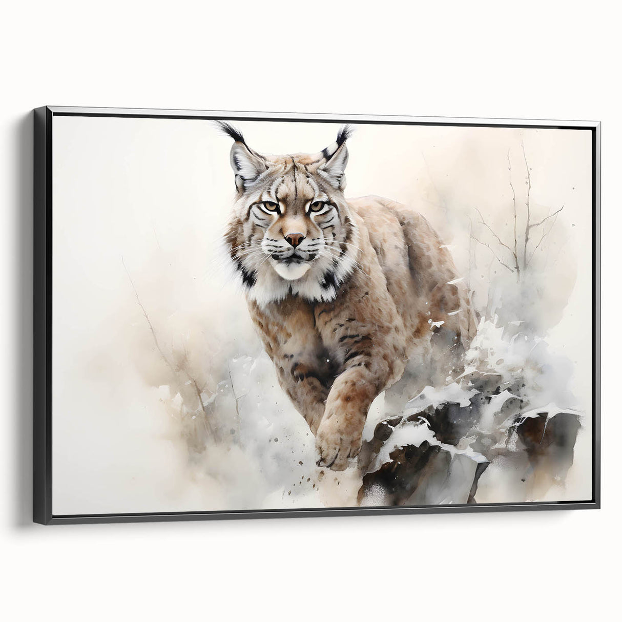 Framed canvas wall art showcasing a striking lynx design in a black frame, highlighting the wild animal's detailed features against a neutral background.