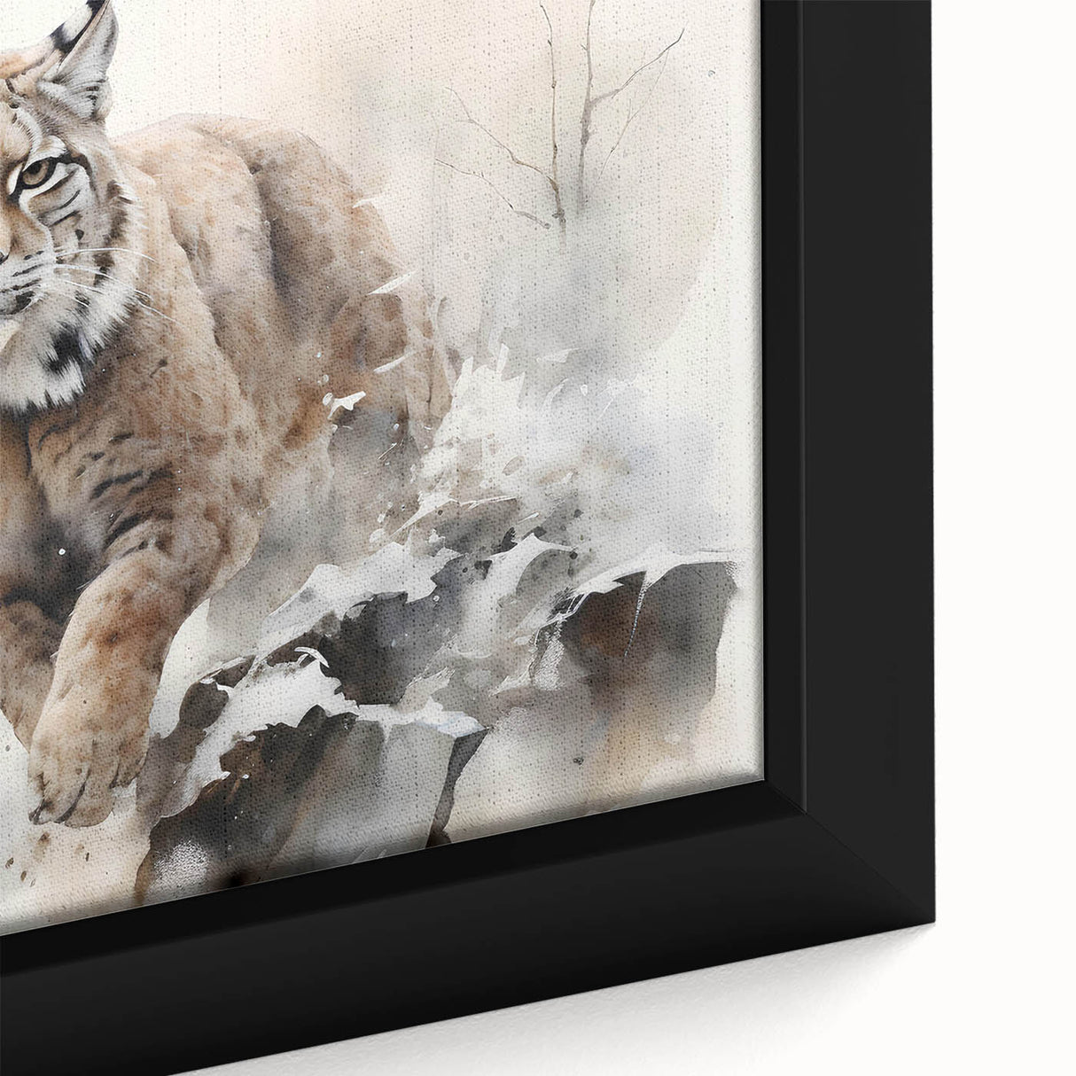 Close-up of a framed canvas featuring a lynx design from a wildlife art collection, showcasing intricate details and vibrant colors, ideal for nature lovers.
