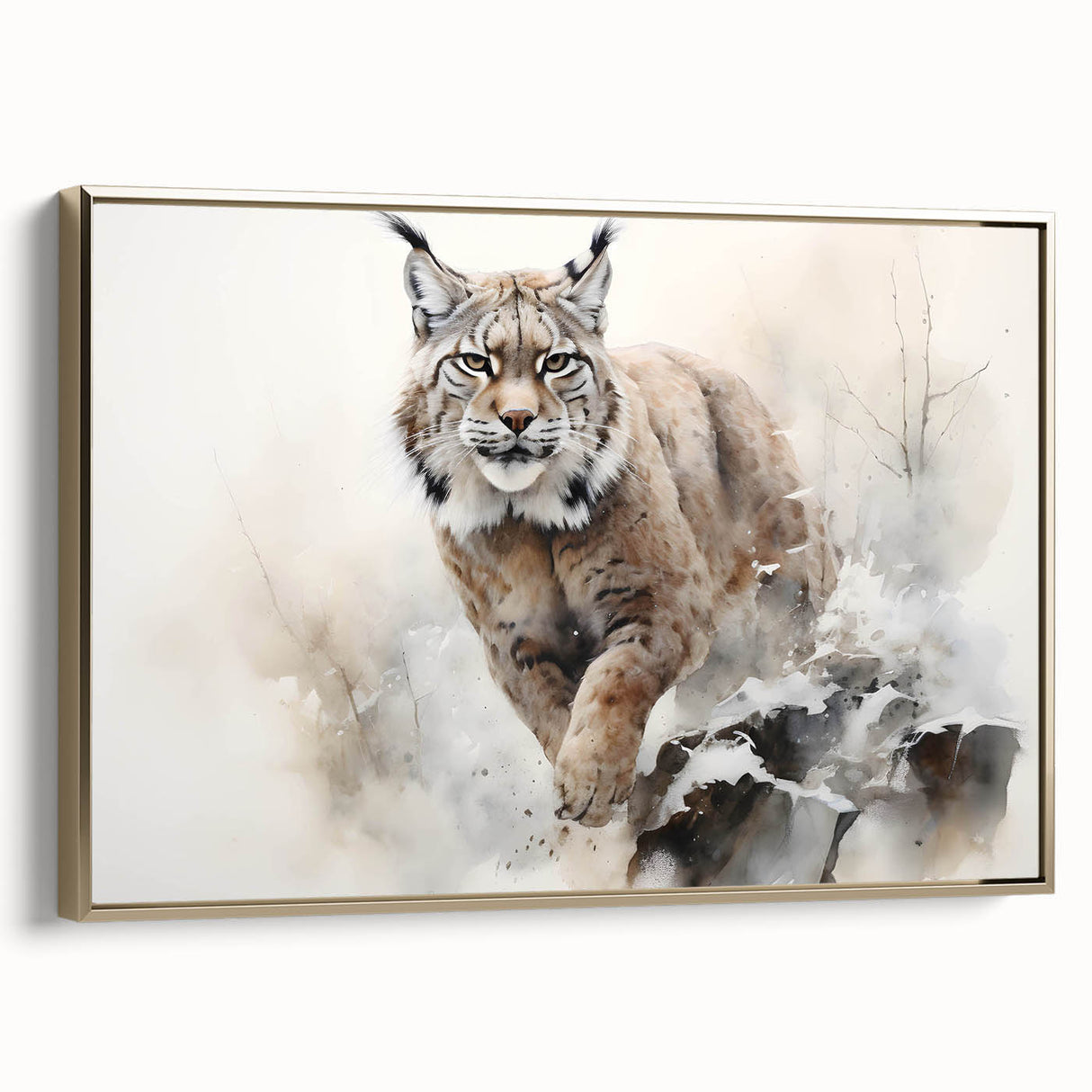Framed wall art featuring a striking lynx design in a gold frame, showcasing vibrant colors and detailed textures, perfect for enhancing any modern decor.